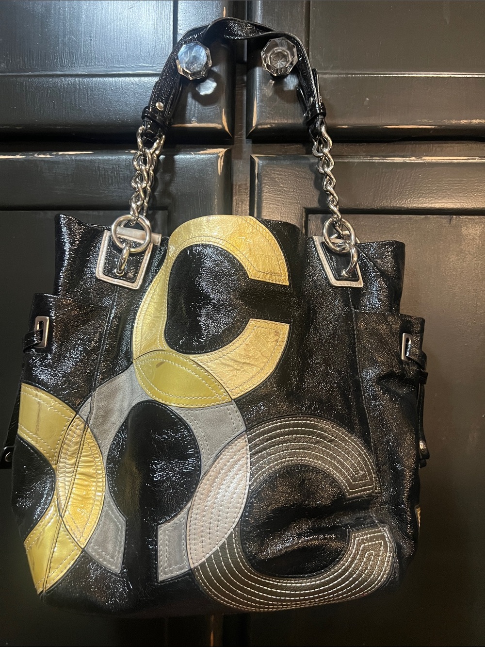 Coach patent leather Black Tote with gold and Gray suede C’s - Picture 11 of 11